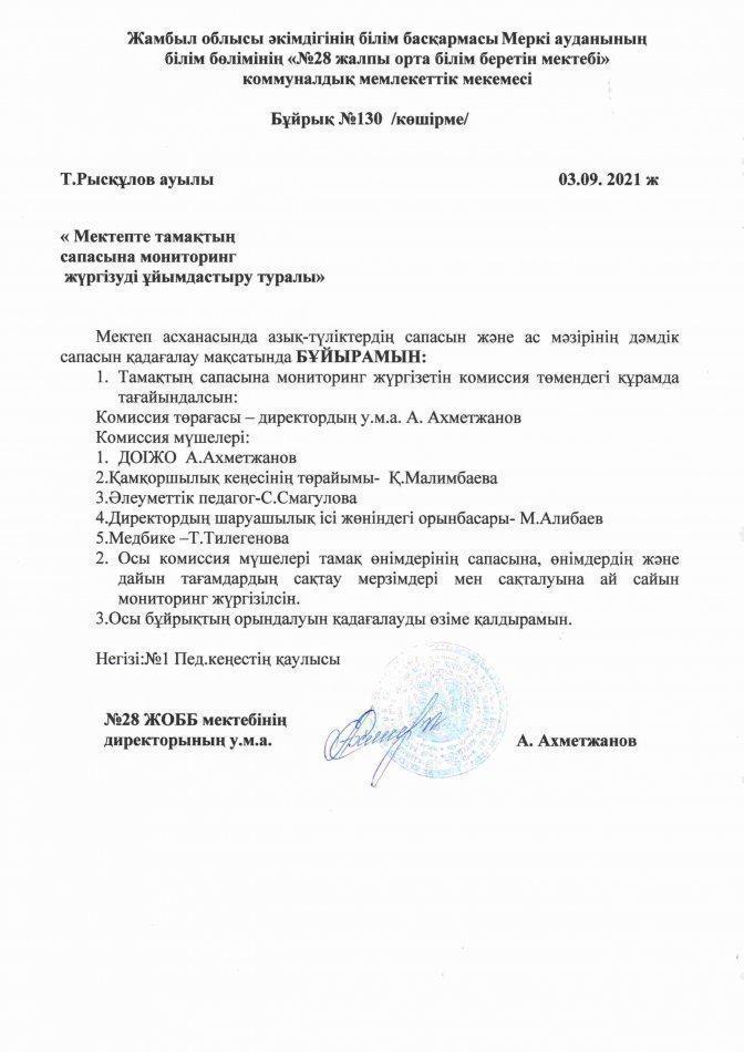 Мектепте тамақтың сапасына мониторинг жүргізуді ұйымдастыру туралы Бұйрық