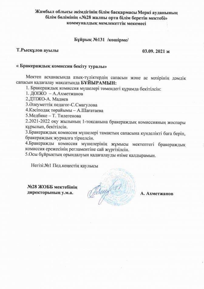 Бракераждық комиссия бекіту туралы Бұйрық