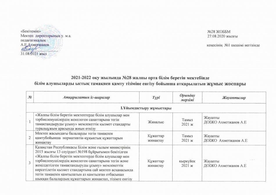 Білім алушылардың ыстық тамақпен қамту тізіміне енгізу бойынша атқарылатын жұмыс жоспары