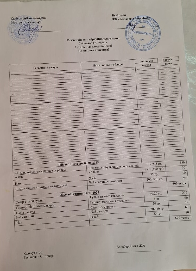 Апталық ас мәзірі