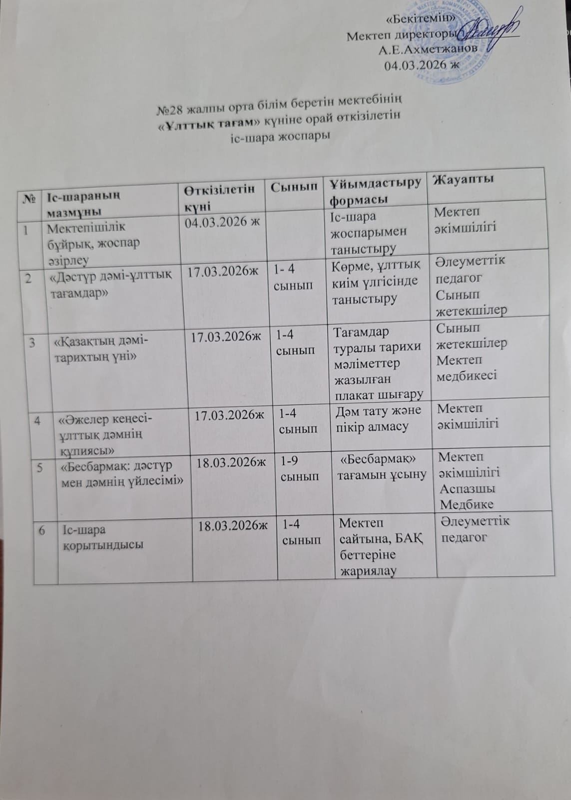 Ұлыстың ұлы күні-Наурыз мерекесіне орай, "Ұлттық тағам" күніне орай іс-шара жоспары жасалды.
